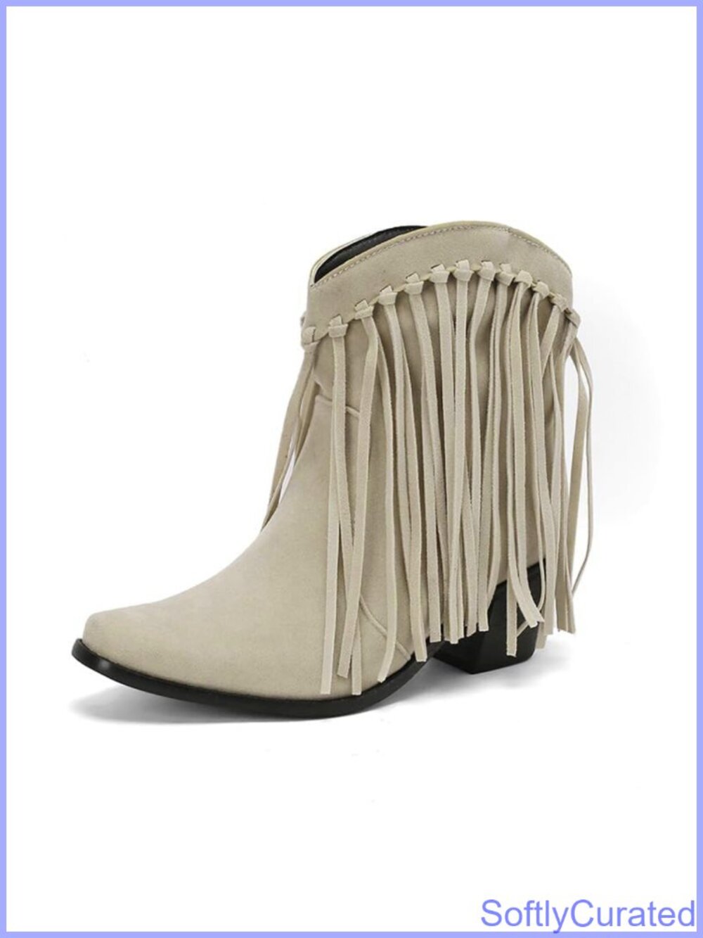 Faux Suede Fringe Ankle Cowboy Boots Square Toe Western Booties